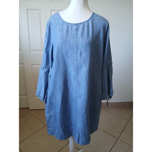 Spense Women's Blue Chambray Shift Dress Bell Sleeve Tie Back Size 14 Spring - Picture 1 of 16